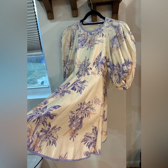 NWT Zimmermann Linen Day Mini Dress Pearl Palm Toile Puff Sleeve AU 0P (US 2) - Picture 8 of 11